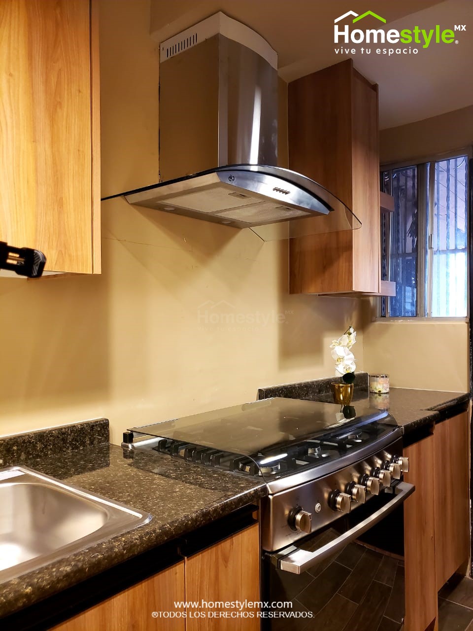 Cocina en forma de lineal. Diseñada en Melamina Vesto Moscato para toda la gabinetería. Cubierta de Formaica Bahía Granite.