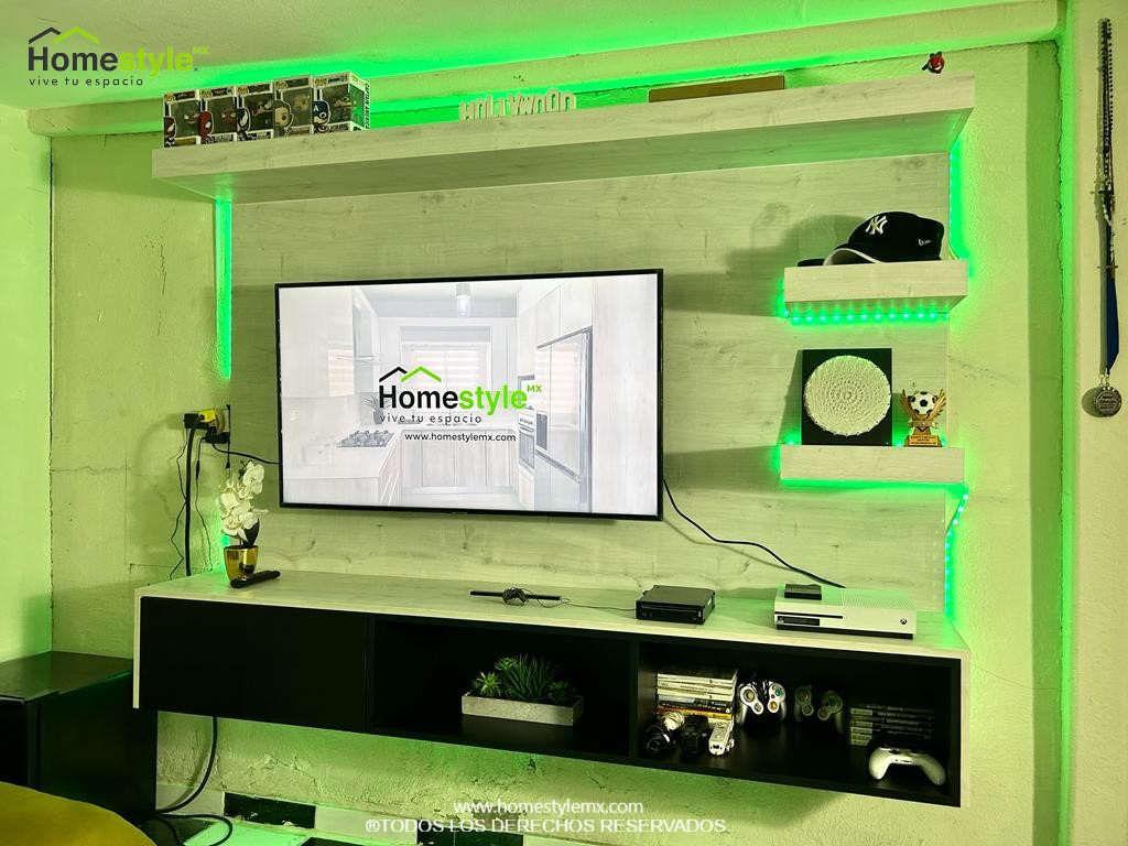 Centro de Televisión en forma lineal. Diseñado en Melamina Vesto Alaska y Melamina Negra. Ideal para tu cuarto gamer.