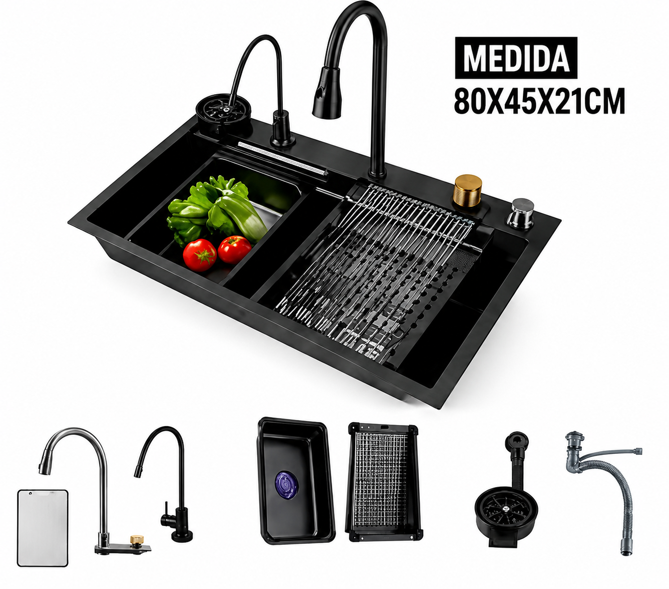 Sink y llave mezcladora acero inoxidable negro 80 cm
