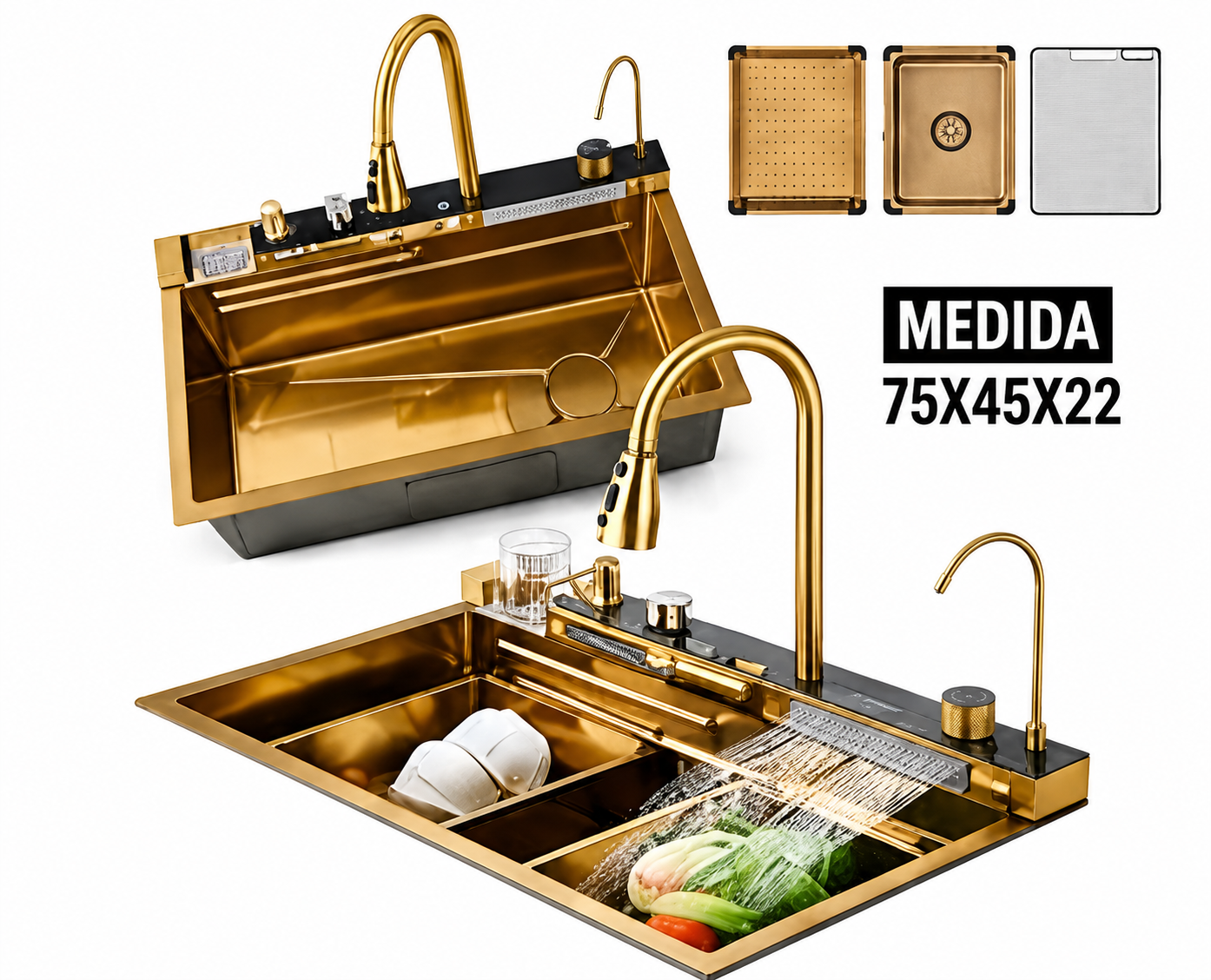 Sink y llave mezcladora acero inoxidable dorado 75 cm