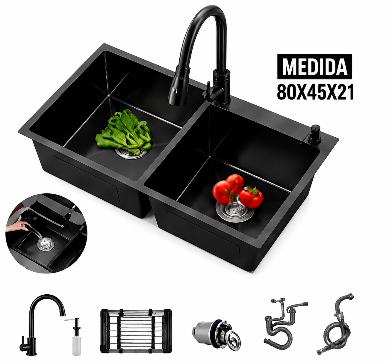 Sink y llave mezcladora acero inoxidable negro 80 cm