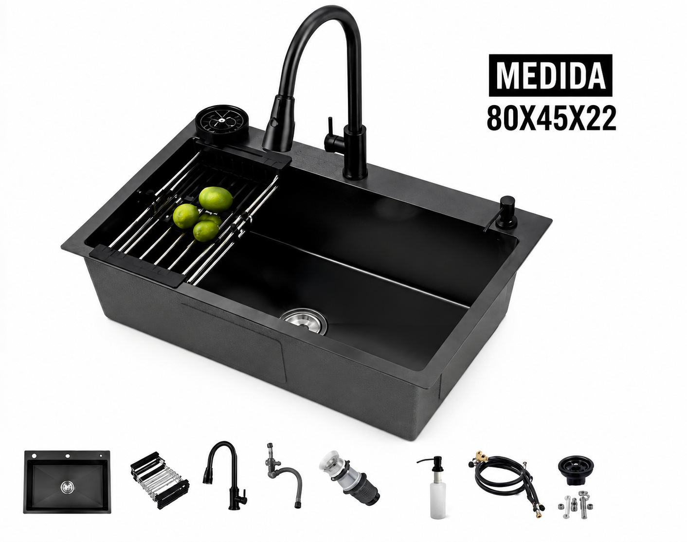 Sink y llave mezcladora acero inoxidable negro 80 cm
