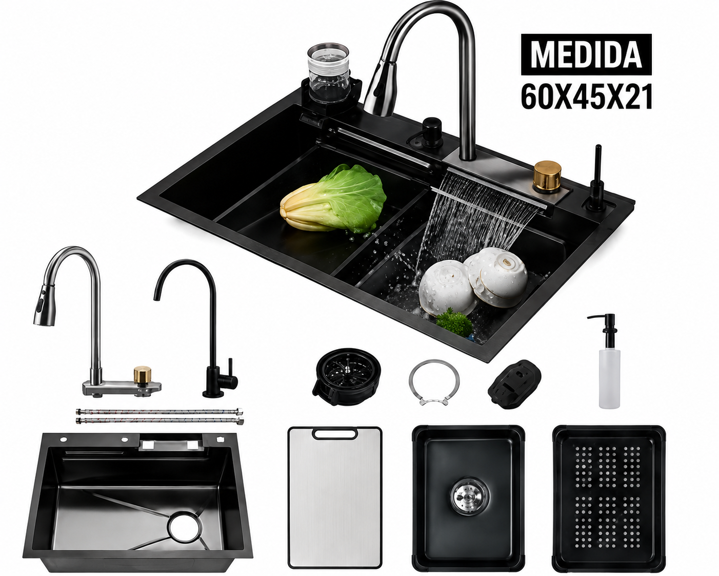 Sink y llave mezcladora acero inoxidable negro 60 cm