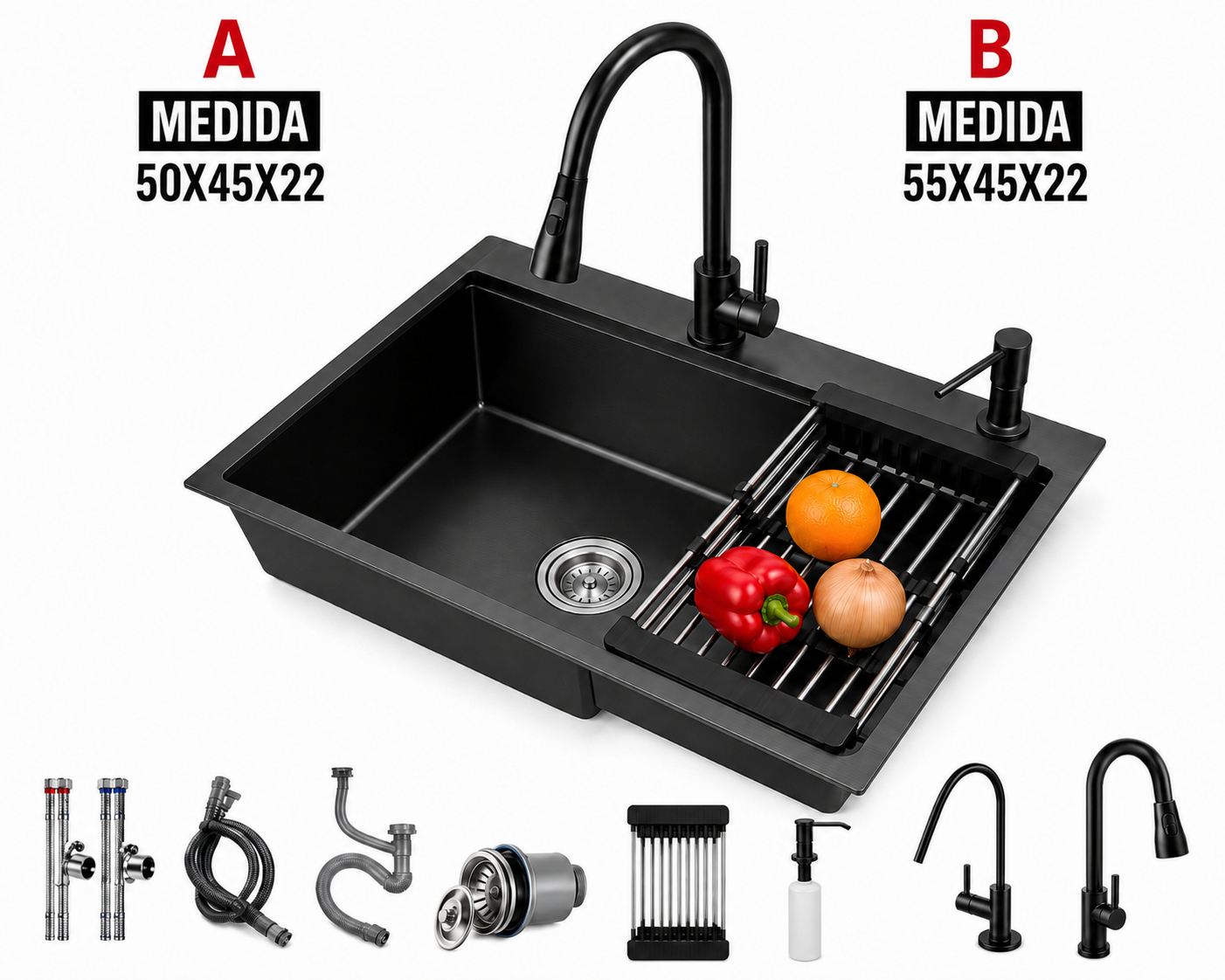 Sink y llave mezcladora acero inoxidable negro 50 cm / 55 cm